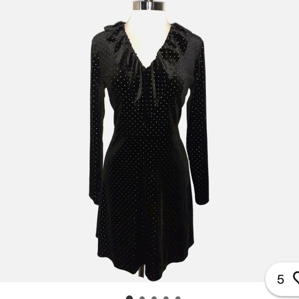 MICHAEL KORS Sz M A-Line Dress Black Stretch Velvet Shiny Gold Dots Long Sleeve